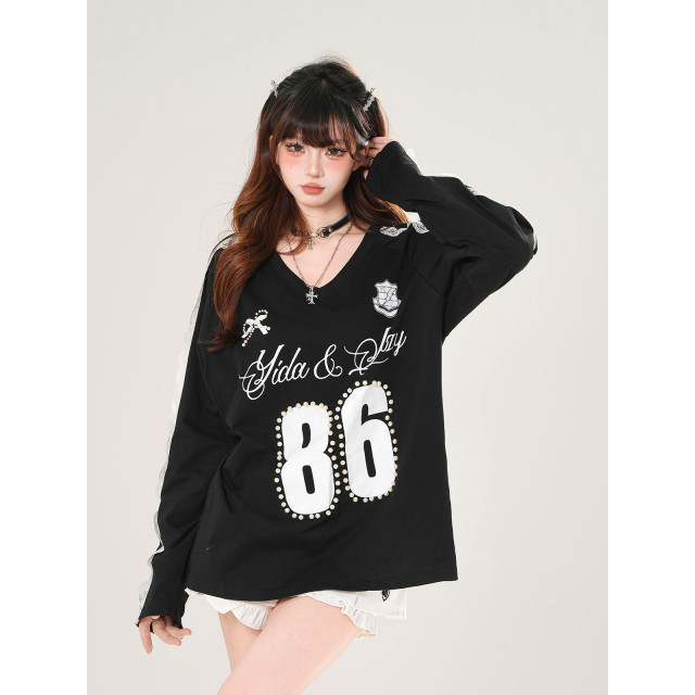 藤井小野 美式潮牌V領蕾絲衛衣女秋季寬松顯瘦運動上衣