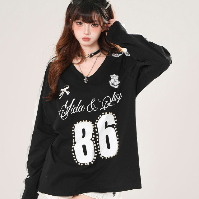 藤井小野 美式潮牌V領蕾絲衛衣女秋季寬松顯瘦運動上衣