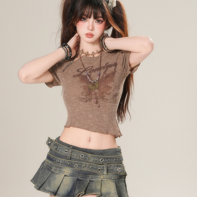 特調摩卡 正肩短袖辣妹T恤女夏修身顯瘦純欲短款上衣