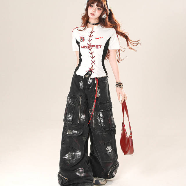 反叛基因  正肩美式辣妹短袖T恤女夏收腰顯瘦短款上衣