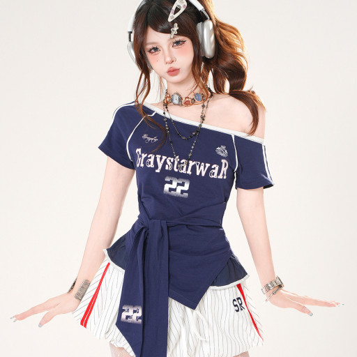 藍嶼日志 正肩美式斜肩短袖T恤女夏季收腰顯瘦辣妹上衣