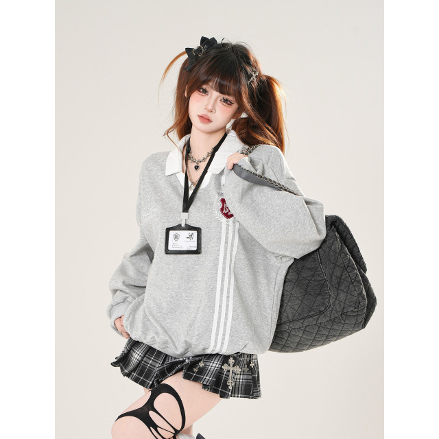 韓女范本 美式學院風衛衣女秋寬松顯瘦polo領運動上衣