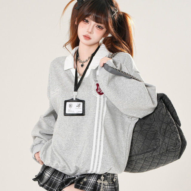 韓女范本 美式學院風衛衣女秋寬松顯瘦polo領運動上衣