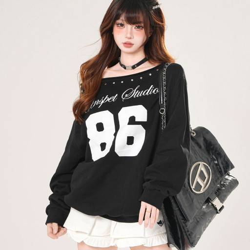 塞納日落 美式潮牌斜肩衛衣女秋寬松顯瘦黑色運動上衣