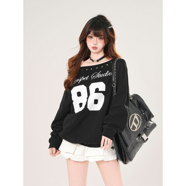 塞納日落 美式潮牌斜肩衛衣女秋寬松顯瘦黑色運動上衣