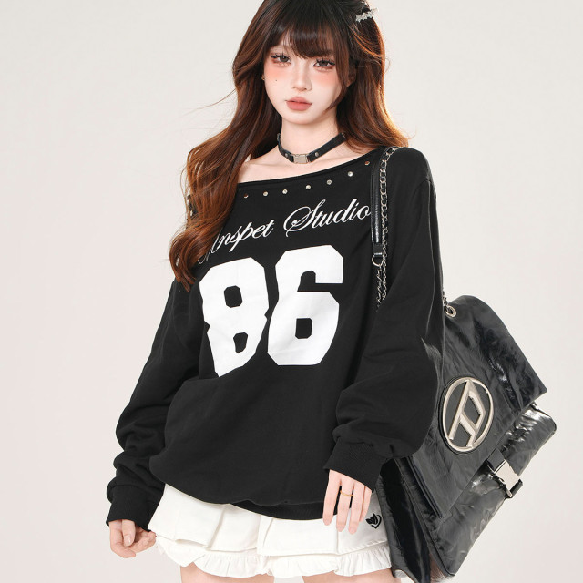 塞納日落 美式潮牌斜肩衛衣女秋寬松顯瘦黑色運動上衣