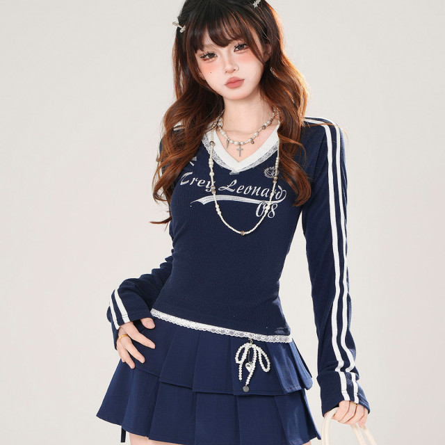 昭和千奈 美式長袖V領蕾絲T恤女秋季收腰顯瘦針織上衣