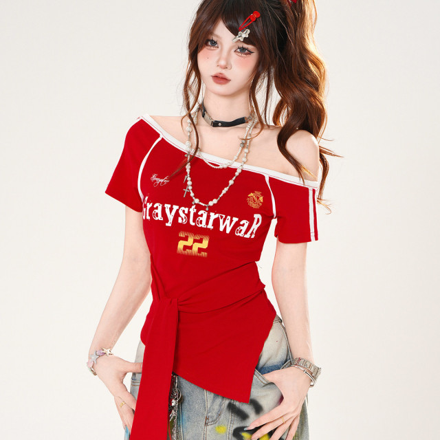 藍嶼日志 正肩美式斜肩短袖T恤女夏季收腰顯瘦辣妹上衣