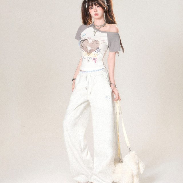 蜜嶼漫語 正肩短袖辣妹T恤女夏收腰顯瘦短款設計感上衣