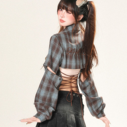 巴黎畫冊 法式復古格子襯衫女夏長袖顯瘦正肩收腰上衣