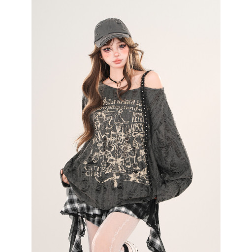 港島小調 韓系慵懶風蕾絲斜肩針織衫春夏寬松破洞上衣