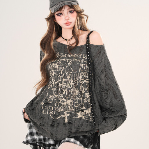 港島小調 韓系慵懶風蕾絲斜肩針織衫春夏寬松破洞上衣