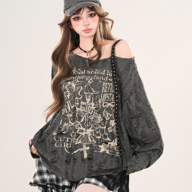 港島小調 韓系慵懶風蕾絲斜肩針織衫春夏寬松破洞上衣