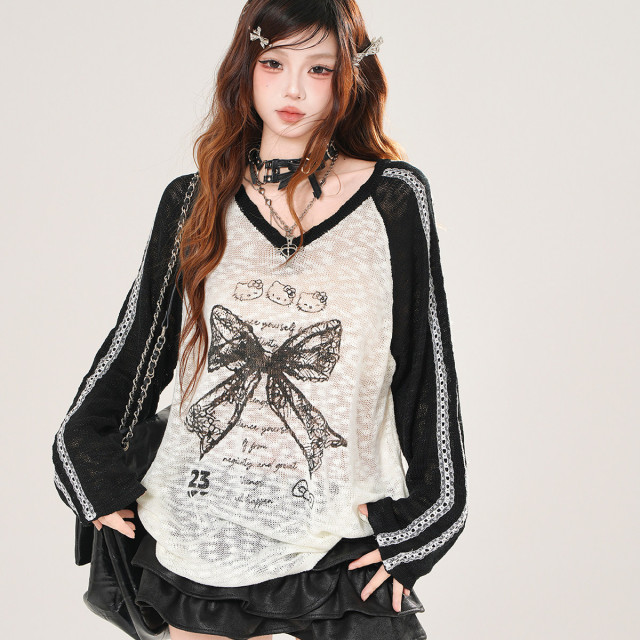 蝴蝶結歐尼 美式蕾絲薄款針織T恤女秋寬松顯瘦V領上衣