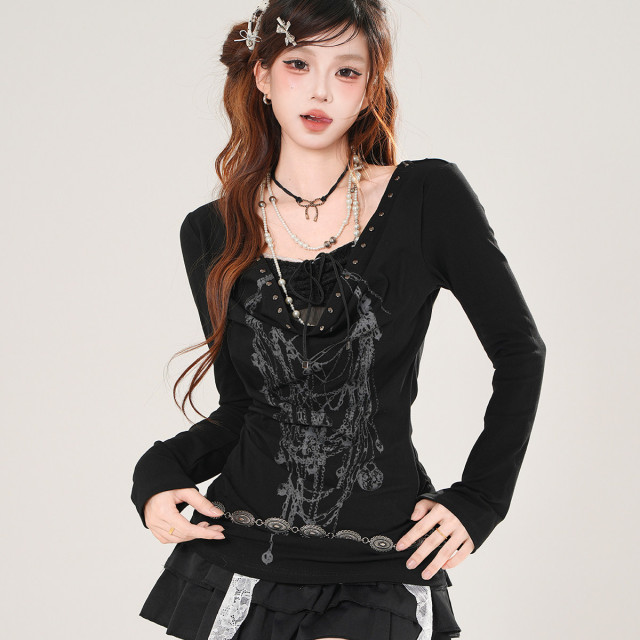亞感模范生 韓系長袖V領蕾絲辣妹T恤女秋收腰顯瘦上衣
