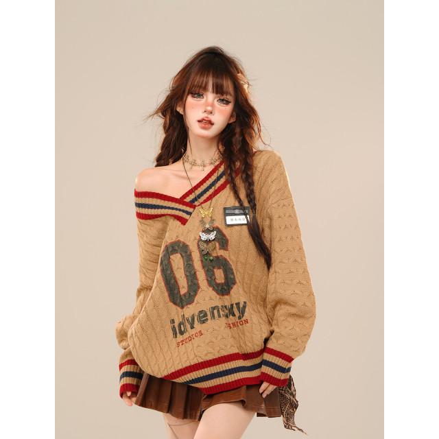 沃茨學院 %美式慵懶露肩毛衣女秋冬寬松V領麻花上衣