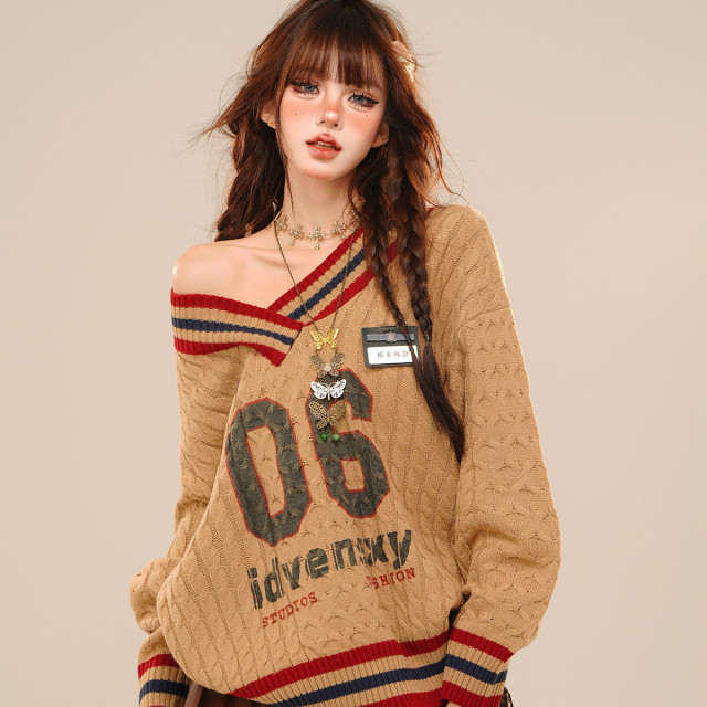 沃茨學院 %美式慵懶露肩毛衣女秋冬寬松V領麻花上衣