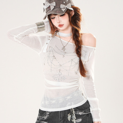 雲間詩集 正肩長袖微透斜肩T恤女夏季收腰顯瘦白色上衣