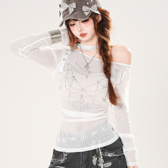 雲間詩集 正肩長袖微透斜肩T恤女夏季收腰顯瘦白色上衣