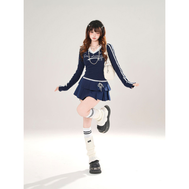 昭和千奈 美式長袖V領蕾絲T恤女秋季收腰顯瘦針織上衣