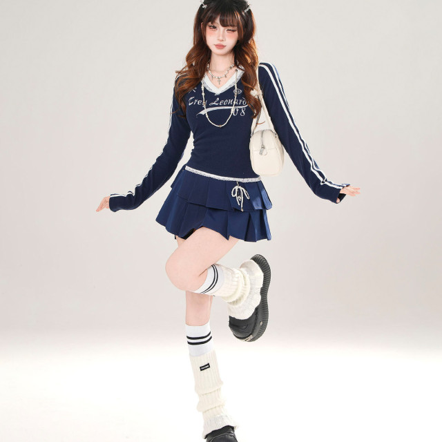 昭和千奈 美式長袖V領蕾絲T恤女秋季收腰顯瘦針織上衣