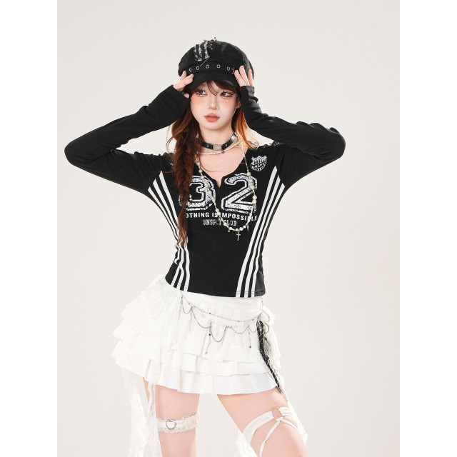 辣妹領域 美式正肩長袖T恤女秋季收腰顯瘦V領紅色上衣