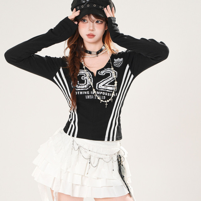 辣妹領域 美式正肩長袖T恤女秋季收腰顯瘦V領紅色上衣