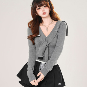 千禧夢核 美式長袖針織T恤女秋收腰顯瘦海軍領灰色上衣