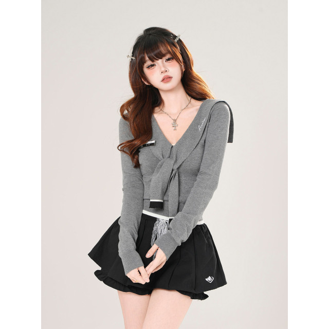 千禧夢核 美式長袖針織T恤女秋收腰顯瘦海軍領灰色上衣