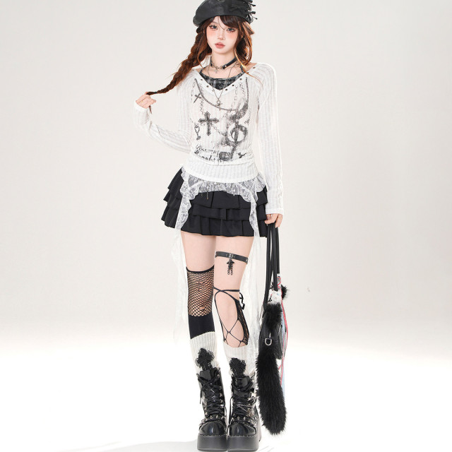 十字永恒 假兩件長袖薄款辣妹針織T恤女秋收腰顯瘦上衣