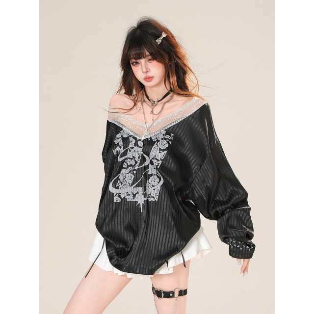 英倫軼事 美式V領蕾絲條紋衛衣女夏季寬松顯瘦運動上衣