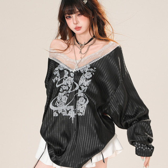 英倫軼事 美式V領蕾絲條紋衛衣女夏季寬松顯瘦運動上衣