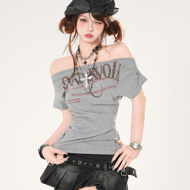 街機玩傢 一字肩美式辣妹短袖T恤女夏季收腰顯瘦上衣