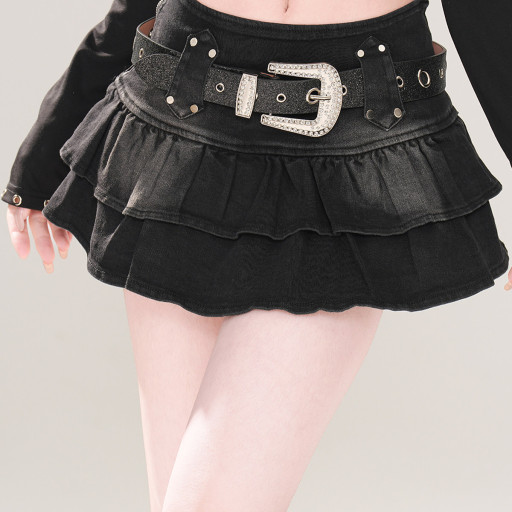 腿精punk 美式辣妹牛仔半身裙女夏季a字顯瘦百褶裙短裙