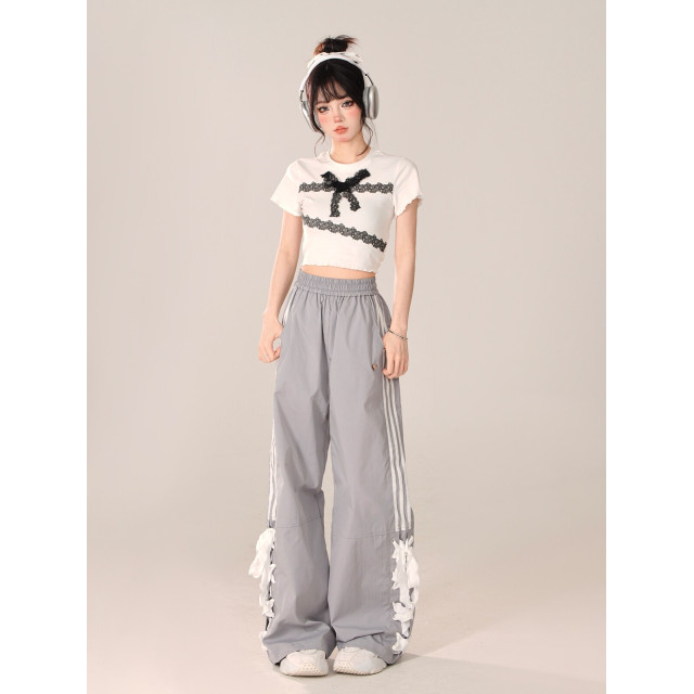 心動蕾絲 灰色百搭設計感學院風休閑直筒拖地運動長褲
