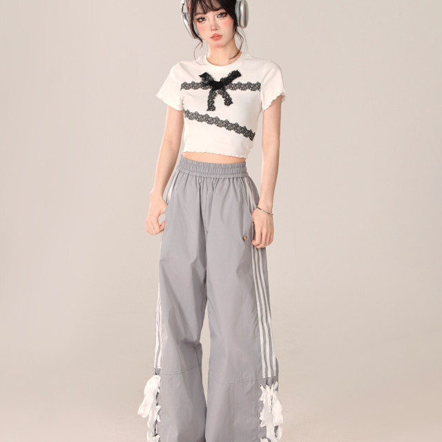 心動蕾絲 灰色百搭設計感學院風休閑直筒拖地運動長褲