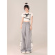 心動蕾絲 灰色百搭設計感學院風休閑直筒拖地運動長褲