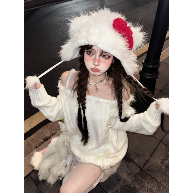 雪絨白茶 %一字肩奶fufu慵懶毛衣秋冬寬松露肩針織上衣