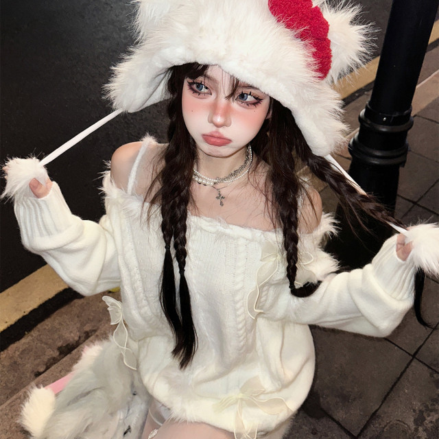 雪絨白茶 %一字肩奶fufu慵懶毛衣秋冬寬松露肩針織上衣