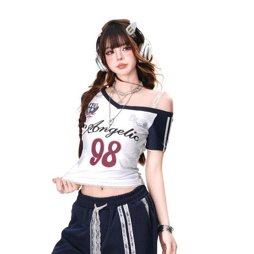 美高附校 美式辣妹短袖T恤女夏季修身顯瘦斜肩短款上衣