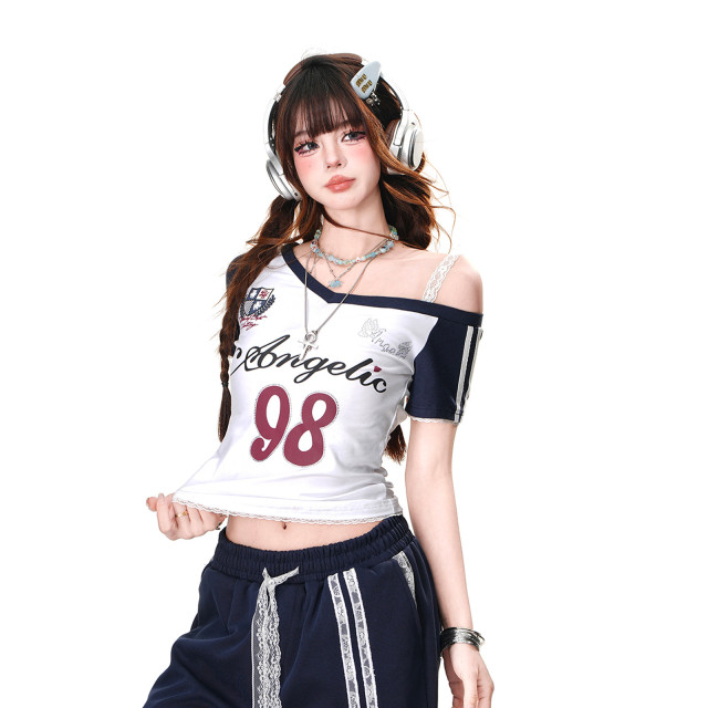 美高附校 美式辣妹短袖T恤女夏季修身顯瘦斜肩短款上衣