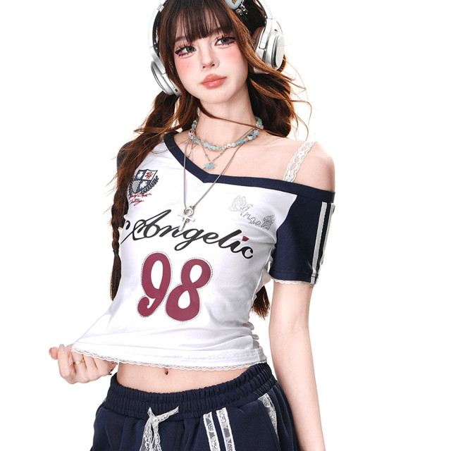 美高附校 美式辣妹短袖T恤女夏季修身顯瘦斜肩短款上衣