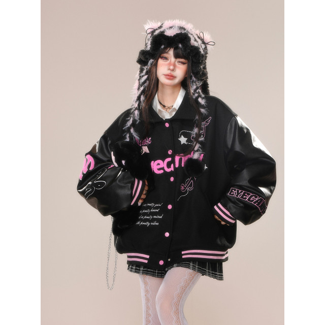 黑莓奶霜美式刺繡棒球服外套女秋冬寬松韓系夾克上衣