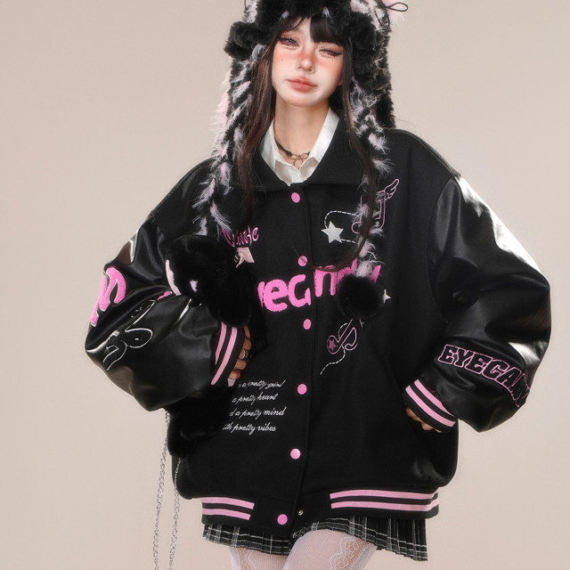 黑莓奶霜美式刺繡棒球服外套女秋冬寬松韓系夾克上衣