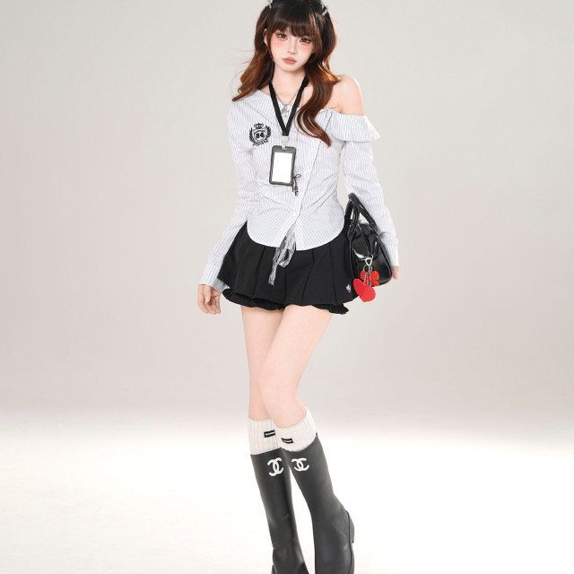  Miu系學姐 美式長袖斜肩條紋襯衫女秋季收腰顯瘦上衣