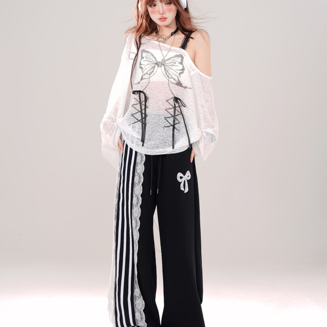 運動芭蕾 松弛感蕾絲黑色休閑褲女夏闊腿褲直筒條紋褲