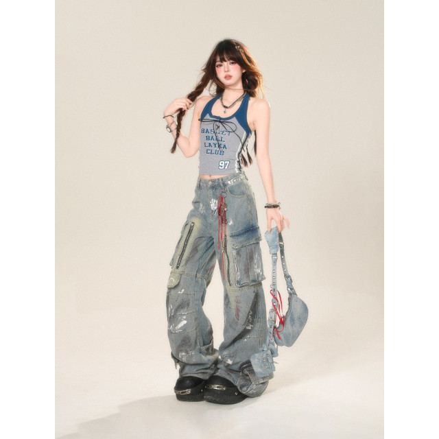 拽辣女高 美式辣妹掛脖吊帶背心女夏無袖顯瘦運動上衣