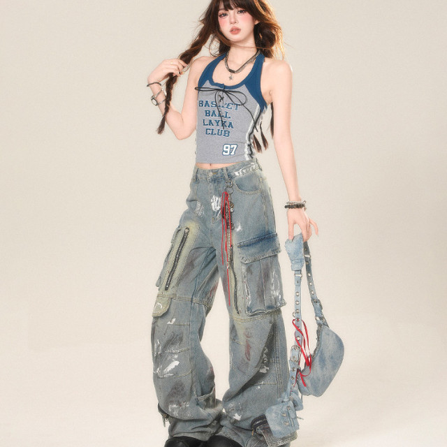 拽辣女高 美式辣妹掛脖吊帶背心女夏無袖顯瘦運動上衣