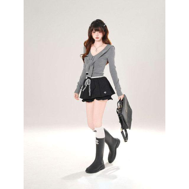 千禧夢核 美式長袖針織T恤女秋收腰顯瘦海軍領灰色上衣