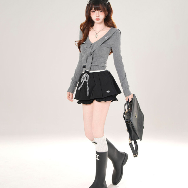 千禧夢核 美式長袖針織T恤女秋收腰顯瘦海軍領灰色上衣